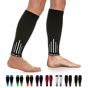 Imagem de NEWZILL Mangas de compressão para panturrilha (20 – 30 mmHg) para homens e mulheres – Opção perfeita para nossas meias de compressão – para corrida, caneleira, canelada, médica, viagem, amamentação, Black/White, 12in - 15in Calf (S/M)