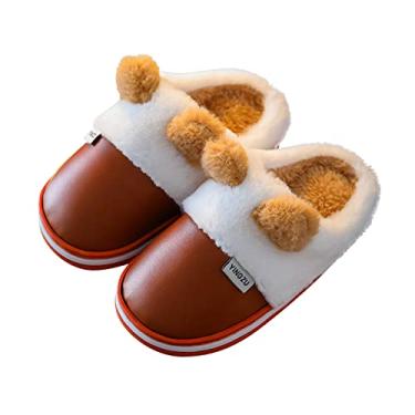 Imagem de Chinelos fofos para meninos e meninas para interior sapatos infantis algodão para casa pelúcia meninos quente crianças (marrom, 7,5-8 anos)