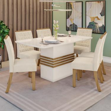 Imagem de Conjunto Sala de Jantar Tampo MDF com Vidro Canto Arredondado 160 Cm 06 Cadeiras Melinda Casa 812 - Nature com Off White e Linho