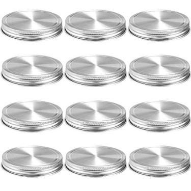 Imagem de Tampas de pote de aço inoxidável, 12 unidades de superfície polida, reutilizável e à prova de vazamento, tampas de armazenamento com vedações de silicone, 12-Pack Stainless Steel Lids(Wide Mouth)