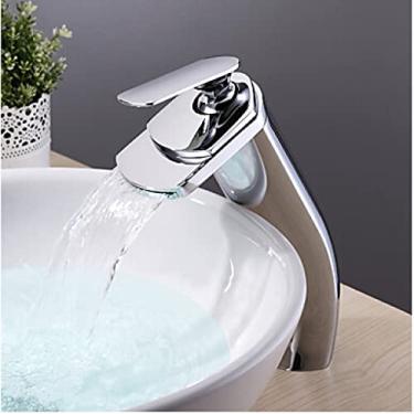 Imagem de Latão dourado/acabamento cromado/torneiras escovadas em níquel Torneira de lavatório montada no convés com cascata torneira misturadora para pia, cromada alta