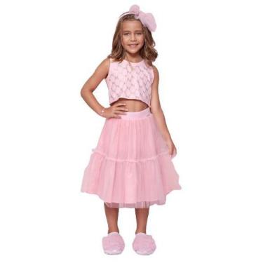 Imagem de Blusa Cropped Infantil Cotton Tule Monograma Cristais Luxo - Pituchinh