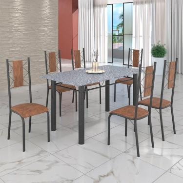 Imagem de Conjunto Sala de Jantar Bahia Mesa Tubo 140x75cm Tampo Pedra Granito com 6 Cadeiras Marrom/Prata