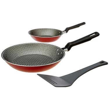 Imagem de Jogo de Frigideiras Tramontina Loreto em Alumínio com Revestimento Interno e Externo Antiaderente Starflon T1 com Cabos de Baquelite Vermelho 3 Peças