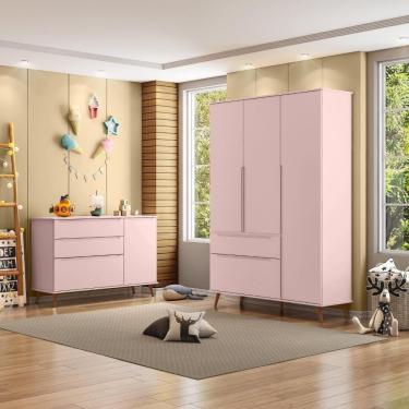Imagem de Jogo de Quarto Para Bebê Completo Melinda com Roupeiro e Cômoda Rose