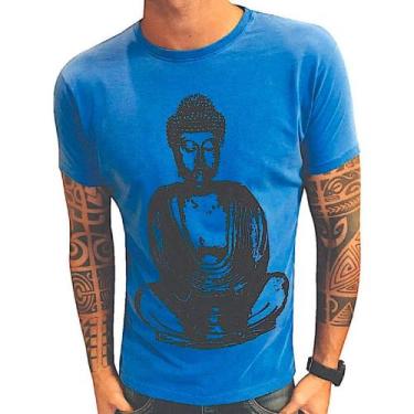 Imagem de Camiseta Masculina Azul Escura Estonada - Com Estampa De Um Buda No Pe