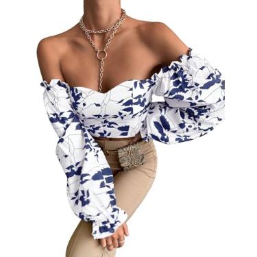 Imagem de WDIRARA Blusa feminina floral estampada fora do ombro plissado bufante manga longa casual boho tops cropped, Azul marinho, G