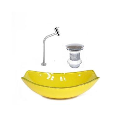 Imagem de Kit Cuba de Vidro + Torneira para Lavatório Oval Chanfrada 36cm Amarelo