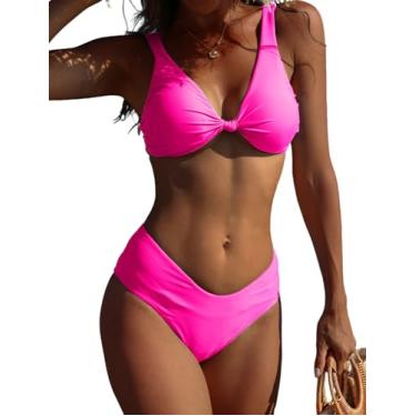 Imagem de American Trends Conjunto de biquíni de cintura alta para mulheres, biquíni push-up de duas peças, roupa de banho de corte alto de 2 peças, Vermelho rosa, XXG
