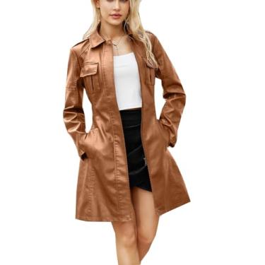 Imagem de CNSTORE Jaqueta feminina de couro de comprimento médio com cinto e manga comprida corta-vento de couro casaco britânico jaqueta de escritório