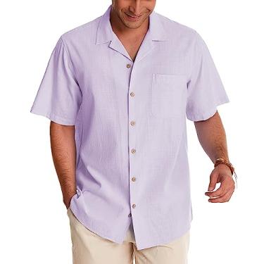 Imagem de Alimens & Gentle Camisas masculinas de linho camisas de manga curta com botões casuais verão praia tops algodão camisas havaianas, Lilás, XXG