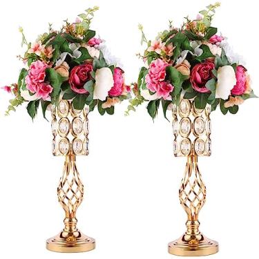 Imagem de 2 vasos de trompete de flor dourada para centros de mesa de casamento, suporte de flor de cristal de diamante de 50,8 cm para decoração de casamento, recepção, festa, sala de jantar, sala de estar