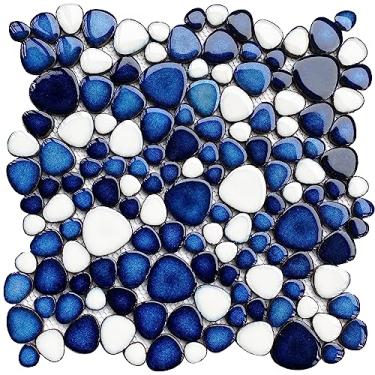 Imagem de Primoon Azulejos de cerâmica com 5 folhas, cerâmica em forma de coração, 30 x 30 cm, mosaico azul escuro montado em malha, azulejo de porcelana à prova d'água decorativo para cozinha, banheiro,