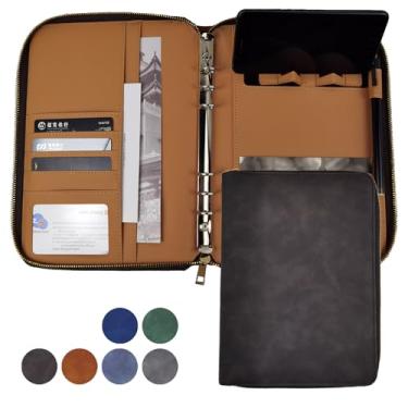 Imagem de A5 Capa de fichário de couro PU, pasta de orçamento, recarregável, capa planejadora de caderno com zíper, 6 anéis, organizador de documentos para entrevista de negócios (preto)