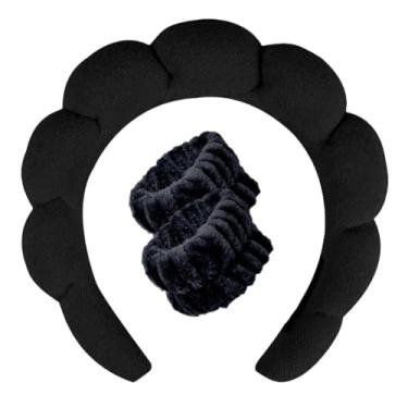 Imagem de YAHENLI Conjunto de faixa de cabeça de spa para lavar o rosto, faixa de cabelo macia com bolhas, acolchoada e fofa, esponja antiderrapante, acessório para maquiagem e cabelo