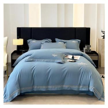 Imagem de Jogo de cama de algodão egípcio laranja 1200TC 4 peças King Queen Size lençol liso capa de edredom fronha roupa de cama, macio (solteiro azul)