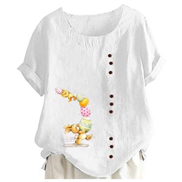 Imagem de Camiseta de Páscoa feminina de linho com estampa de coelho, manga curta, gola redonda, túnica, caimento solto, camisa de verão, Branco, M