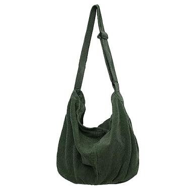 Imagem de Makukke Bolsa feminina de veludo cotelê, bolsa de ombro, bolsa Hobo de grande capacidade, casual, trabalho, compras, patchwork verde / palma, L