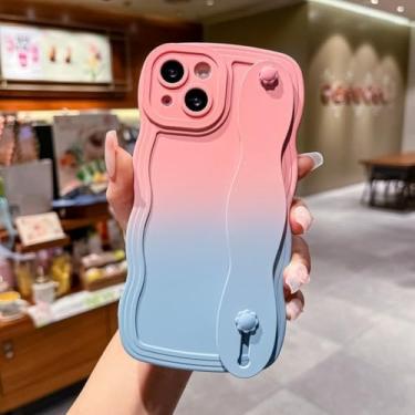 Imagem de Capa de telefone com moldura de onda de cor gradiente para iPhone 12 13 Mini 11 14 Pro Max X Xr Xs Max 7 8 Plus SE Wave Capa de suporte de alça de pulso, PinkBlue WD, para iPhone 13 Mini