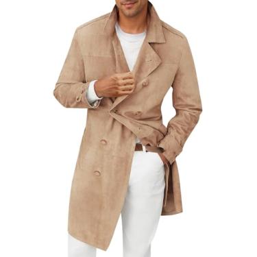 Imagem de Runcati Sobretudo masculino de camurça, gola com lapela entalhada, trespassado, casaco casual médio longo, Caqui, M
