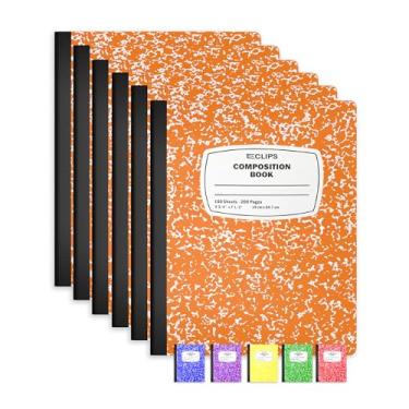 Imagem de E-CLIPS USA Cadernos de composição, (pacote com 6), caderno de composição pautada ampla, caderno de composição de mármore, 100 folhas, 200 páginas (6, laranja)