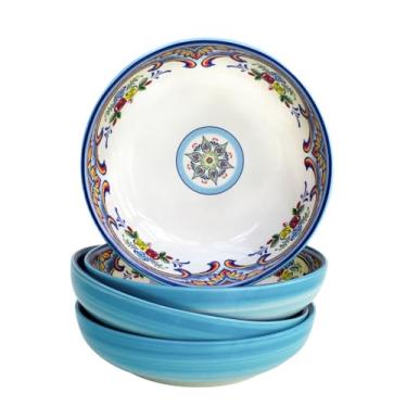 Imagem de Euro Ceramica Tigelas para macarrão da Zanzibar, conjunto com 4, design floral espanhol, multicolorido azul