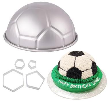 Imagem de Assadeira de alumínio com 4 peças hexagonais pentágono, bola de futebol 3D de 22,6 cm, molde de forma de bolo de metal em forma de futebol para meninos de aniversário, esportes, festa, bolo, artigos de cozinha