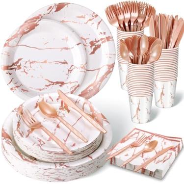 Imagem de Bokon Conjunto de 350 peças de utensílios de jantar descartáveis em ouro rosa inclui 100 pratos, 50 copos de papel de 255 g, 50 conjuntos de facas de garfo de colher, 50 guardanapos para 50 convidados