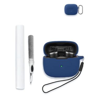 Imagem de Capa para fones de ouvido intra-auriculares Bowers & Wilkins Pi6 sem fio, capa protetora portátil de silicone macio resistente a arranhões com kit de limpeza, mosquetão e cordão, azul