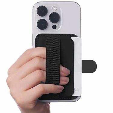 Imagem de Sinjimoru Carteira de telefone com padrão de pente para MagSafe, suporte magnético para cartão de celular de couro vegano e alça de lã como capa para cartão de crédito para iPhone 12 13 14 Plus Pro Max. M-Pull Tab Band preta