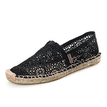 Imagem de Alexis Leroy Espadrilles de lona listrada plana feminina tradicional, Preto, 7-7.5