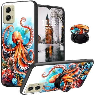 Imagem de Qindaiwen Capa projetada para Motorola Moto G Stylus 5G 2024 com suporte expansível de dedo, capa de telefone fina de silicone TPU macio à prova de choque, proteção à prova de quedas, polvo aquarela