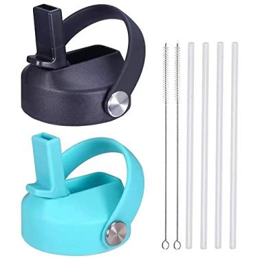 Imagem de HYDROWION Tampa de canudo para boca larga Hydro Flask, tampa de canudo flexível compatível com a maioria das garrafas de água esportivas 12 16 18 20 32 40 1,8 onças, tampas de canudo para garrafa de água simples e moderna (preto + menta, pacote com 2)