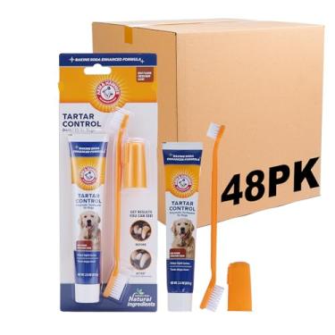 Imagem de Arm & Hammer Kit de controle de tártaro para cães para animais de estimação | Contém pasta de dente, escova de dentes e escova de dedos | Reduz o acúmulo de placa e tártaro | Seguro para filhotes, kit de 3 peças, sabor bovino | Pacote com 48