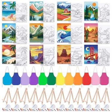 Imagem de Anseal Conjunto de 84 peças de pintura infantil lembrancinhas de festa, 12 telas pré-desenhadas, 12 pincéis, 12 paletas, 12 conjuntos de tintas acrílicas, 12 aventais, kit de pintura em tela para