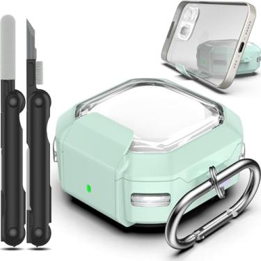 Imagem de RFUNGUANGO [Versão atualizada] Capa protetora de alta transparência com design de trava para Samsung Galaxy Buds 2 Pro/Live/2/FE (2023), verde menta