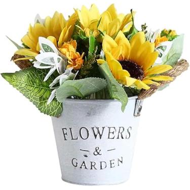 Imagem de Suandsu Flores artificiais em vaso estilo europeu arranjos de girassol de seda bonsai casa escritório restaurante mesa centro de mesa decoração peitoril janela girassol amarelo