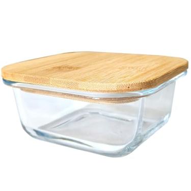 Imagem de Pote De Vidro Travessa Hermetico Com Tampa de Bambu Quadrado Resistente a Temperatura Forno Microondas e Freezer