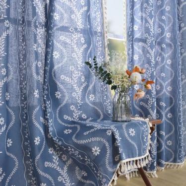 Imagem de Cortinas Boho Rústicas Ocidentais Azul Marinho 96 Polegadas de Comprimento, Cortinas Florais de Linho para Quarto Sala de Estar Vintage Estampadas Longas Cortinas Cortinas Longas
