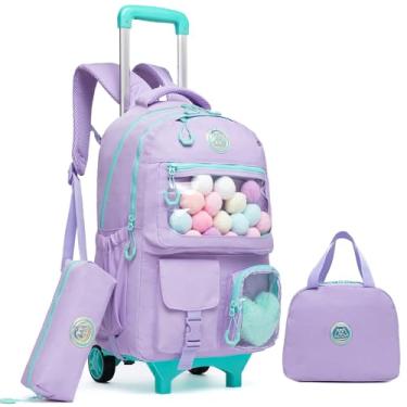 Imagem de Oruiji Mochila de rodinhas para meninas, com rodas, linda mochila de rodinhas com lancheira, estojo de lápis, malas infantis, Roxa