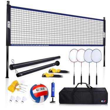 Imagem de GSE Games & Sports Expert Conjunto de combo de vôlei de badminton portátil. Incluindo rede de vôleibol/badminton, 4 raquetes de badminton, 3 petecas e vôlei (conjunto recreativo)