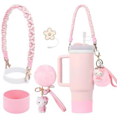 Imagem de HATOTO Stanley Cup Accessories Set, Cute Kawaii Pom Pom Design Alça de Garrafa de Água, Bota de Silicone, Berloques para Máquina de Lavar 30/1,134 g (Rosa)