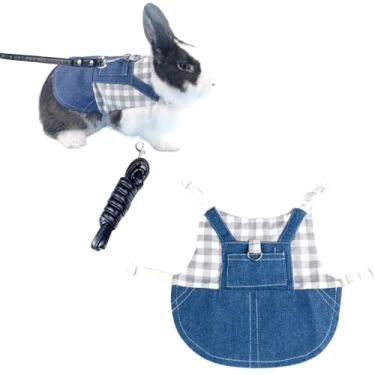 Imagem de Peitoral e coleira de coelho roupas de animais pequenos para coelhos e porquinho-da-índia, coleira xadrez de coelho, cobaia, azul, jeans, cinza e branco, vestido xadrez para gatinho, chihuahua e