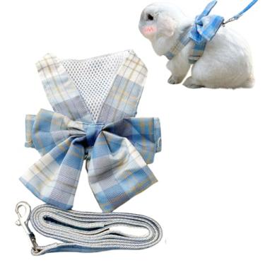 Imagem de Peitoral e coleira de coelho ajustável à prova de fuga para caminhada, corrida, acampamento, ao ar livre, lindo conjunto de coleira para animais pequenos (azul, grande)