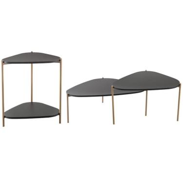 Imagem de Kit 02 Mesas De Centro E 01 Mesa Lateral Pés Metálicos Adek A03 Nero Dourado - Lyam Decor