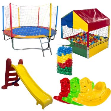 Imagem de Cama Elástica 2,30m Piscina de Bolinha 1,00m c/ 500 Bolinhas Escorregador Médio 3 Gangorra 1 Lugar