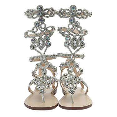 Imagem de Hinyyrin sandálias femininas de strass, sandálias gladiadora de prata dourada, sandálias de verão planas, praia, casamento, banquete, Silvery, 10.5