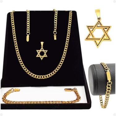 Imagem de Corrente banhada aço + pingente estrela davi + pulseira religioso casu