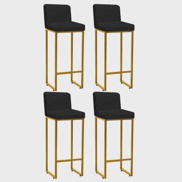 Imagem de Kit 04 Banqueta Alta Com Encosto Lucca -60cm chão até o assento Industrial Ferro Dourado Suede Preto - Ahz Móveis