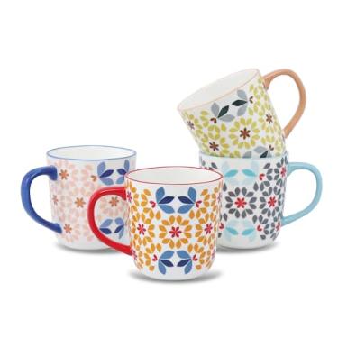 Imagem de Lorren Home Trends Canecas de café com padrão floral, xícaras de chá de porcelana com alças coloridas, conjunto de 4